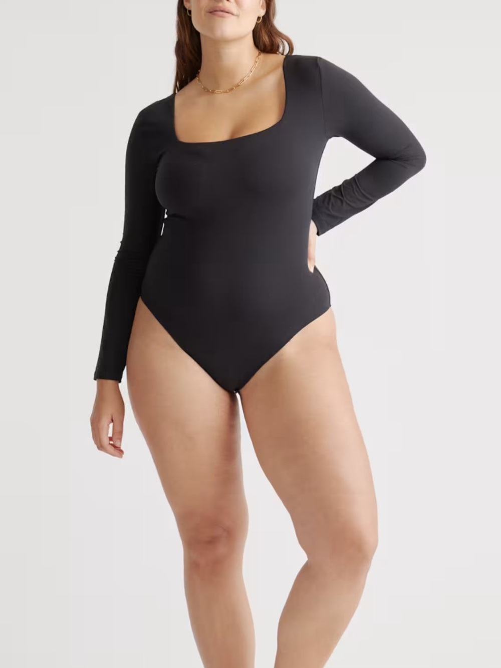 QUINCE WOMENS SECOND SKIN LONG SLEEVE SQUARE NECK BODYSUIT BLACK LARGE